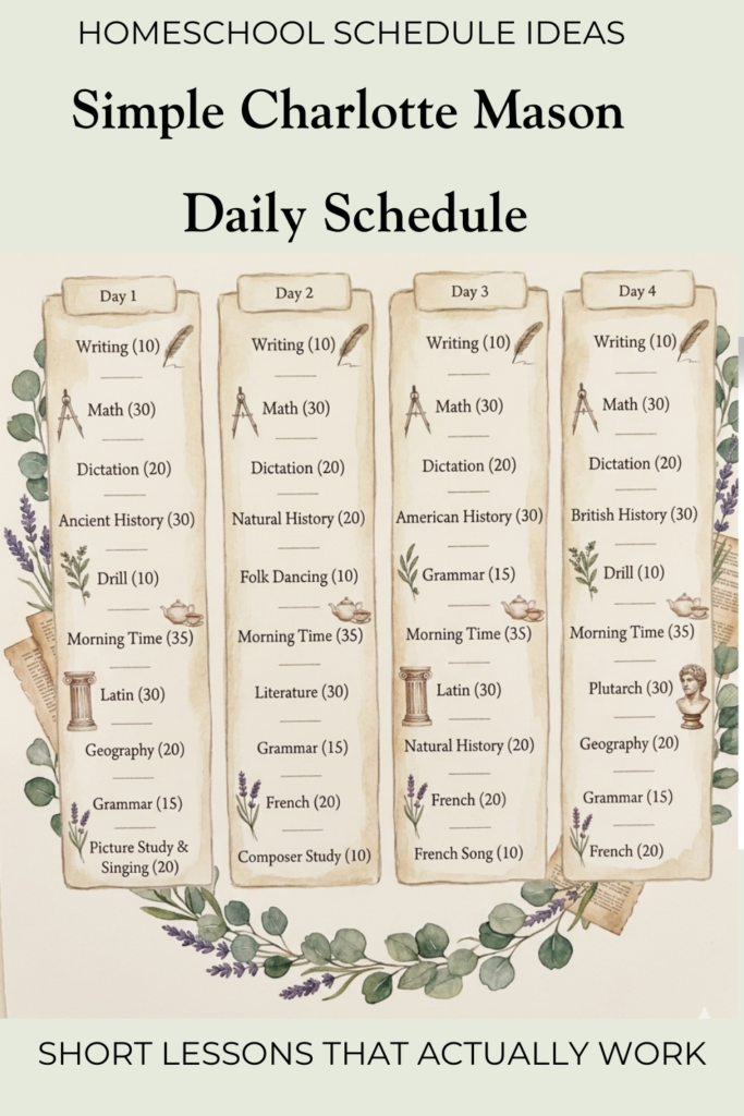 A cozy, printable graphic illustrating a Charlotte Mason daily schedule and homeschool schedule ideas with recommended short lesson lengths.