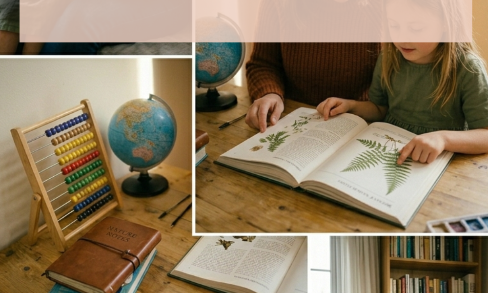 Homeschool mother and daughter working together at a wooden table using a living book and Charlotte Mason narration prompts.