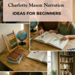 Homeschool mother and daughter working together at a wooden table using a living book and Charlotte Mason narration prompts.