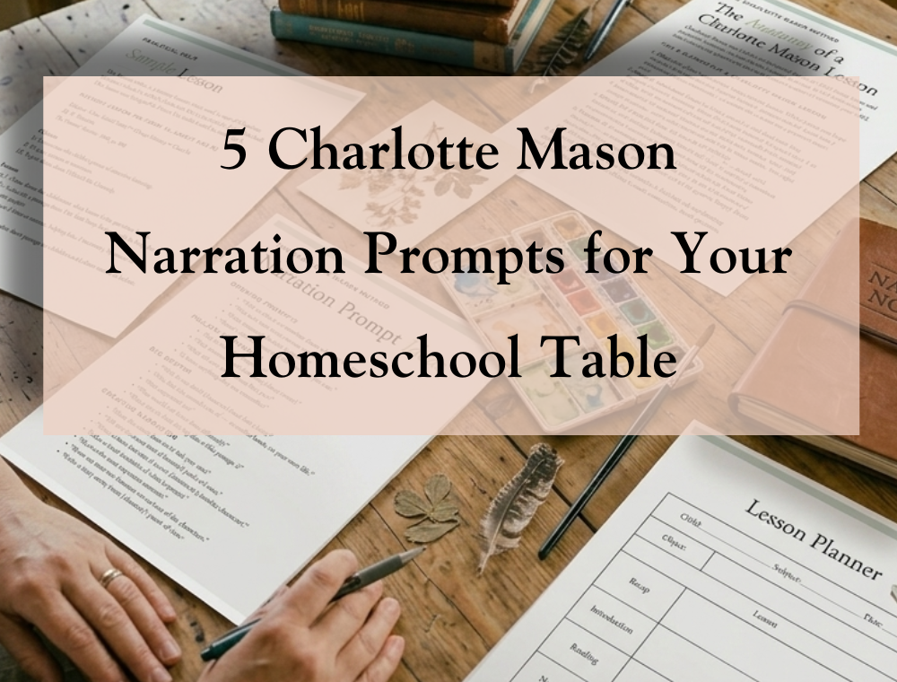 A person filling out a Charlotte Mason narration lesson planner on a rustic wooden desk with a vintage pencil sharpener and books in the background.