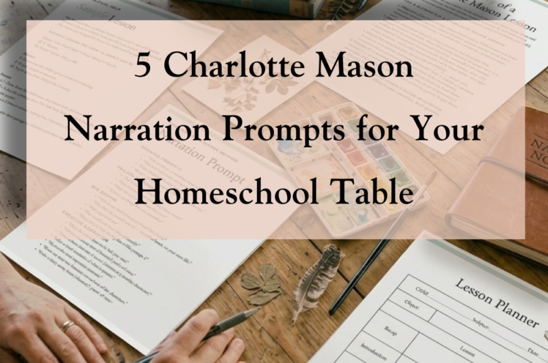 A person filling out a Charlotte Mason narration lesson planner on a rustic wooden desk with a vintage pencil sharpener and books in the background.