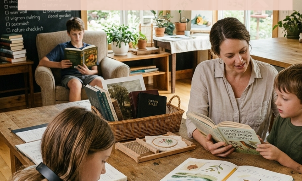 Relieved homeschool mom implementing a successful Charlotte Mason morning rhythm with multiple children. The mother is engaged in a short lesson with one child while others work independently on narration and nature study. A tidy, beautiful homeschool environment with natural wood, plants, and a daily schedule visible on a chalkboard, illustrating the kind of Charlotte Mason planning help that works for a whole family.