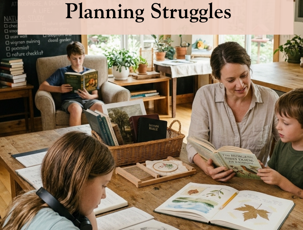 Relieved homeschool mom implementing a successful Charlotte Mason morning rhythm with multiple children. The mother is engaged in a short lesson with one child while others work independently on narration and nature study. A tidy, beautiful homeschool environment with natural wood, plants, and a daily schedule visible on a chalkboard, illustrating the kind of Charlotte Mason planning help that works for a whole family.