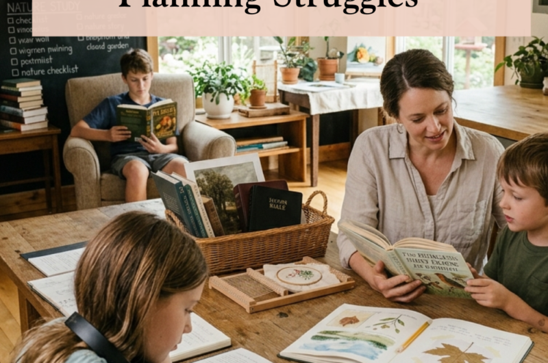 Relieved homeschool mom implementing a successful Charlotte Mason morning rhythm with multiple children. The mother is engaged in a short lesson with one child while others work independently on narration and nature study. A tidy, beautiful homeschool environment with natural wood, plants, and a daily schedule visible on a chalkboard, illustrating the kind of Charlotte Mason planning help that works for a whole family.