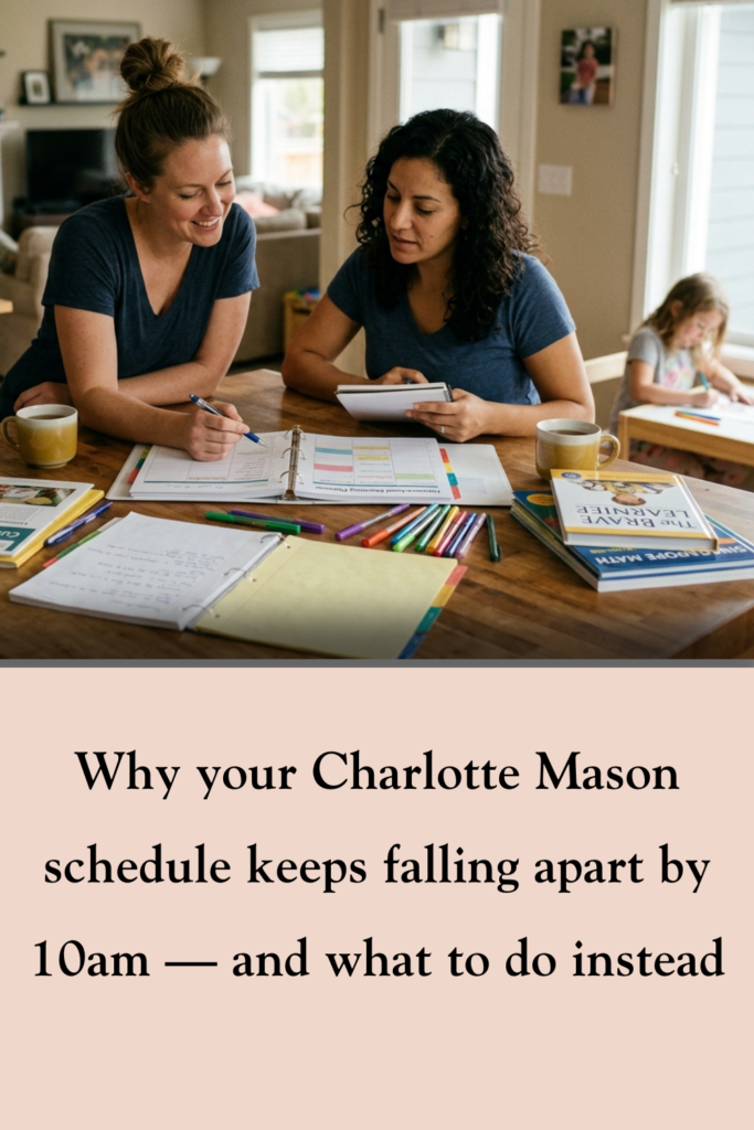 Mom helping other relieved homeschool mom implementing a successful Charlotte Mason morning rhythm with child, illustrating the kind of Charlotte Mason planning help that works for a whole family.